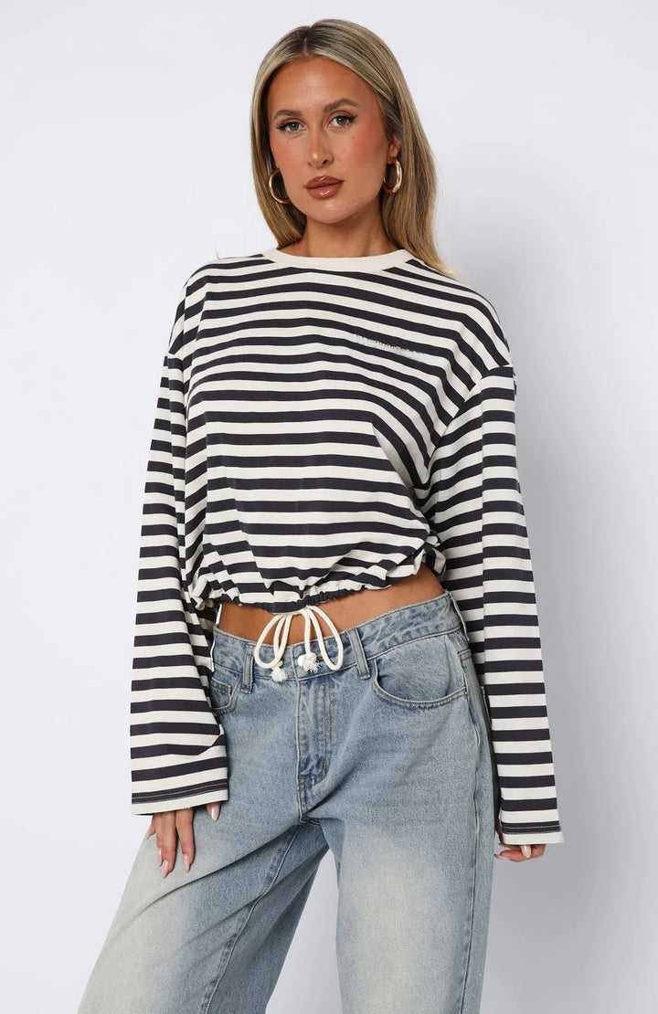 Kvindernes cropped sweatshirt med striber og elastisk talje Skovae