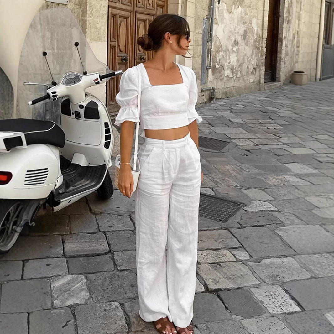 Dame elegant linned crop-top og bred palazzo-bukser sæt Stilla