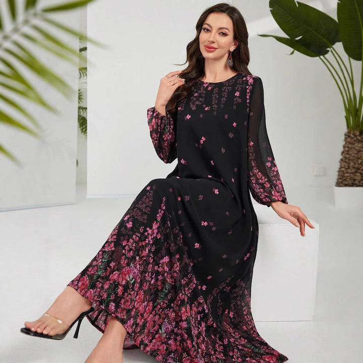 Dame maxikjole med blomster chiffon design og voluminøse ærmer Stilla