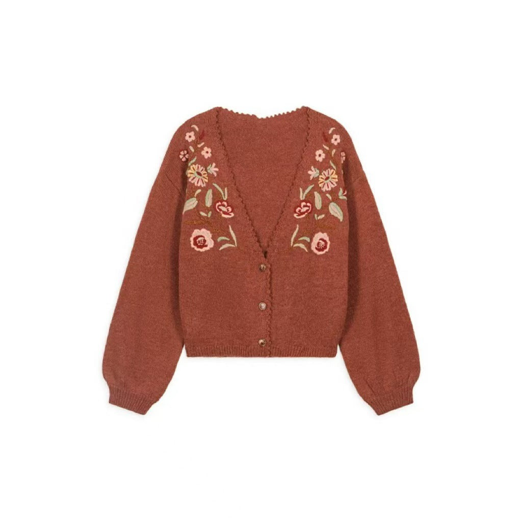 Dame strikjakke med florale broderier og knapstolpe Stilla