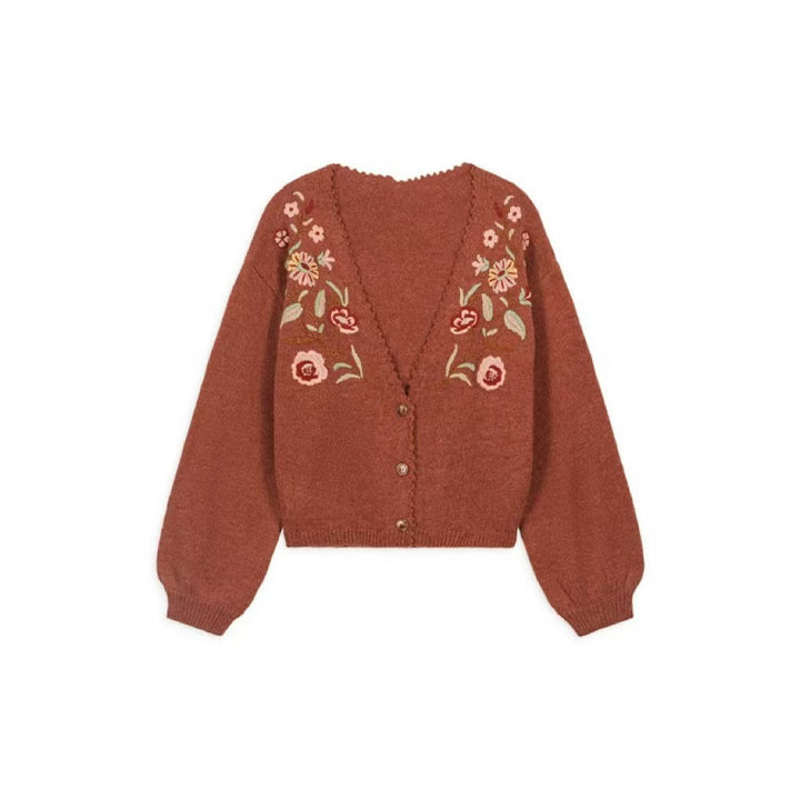 Dame strikjakke med florale broderier og knapstolpe Stilla