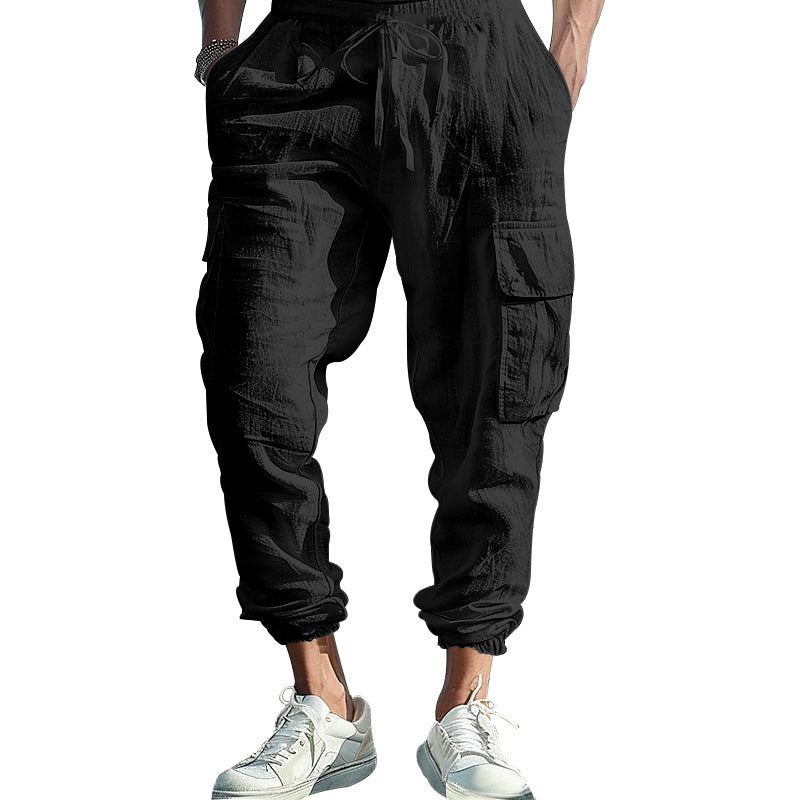 Herren nan afslappede linned cargo joggers med snoretræk, store klaplommer og elastisk ankelafslutning Skovae