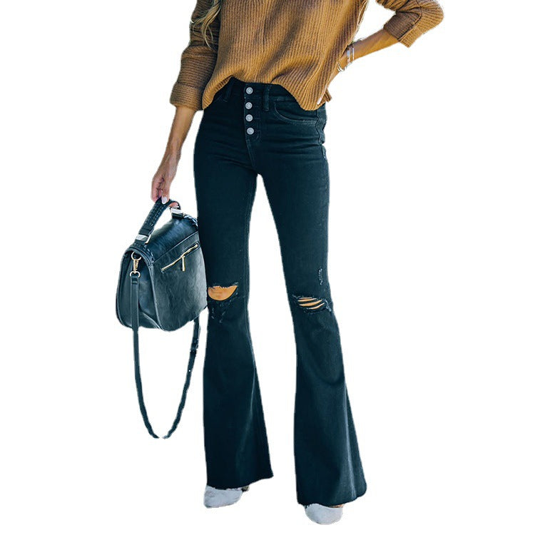 Dame Elegant Bootcut-Jeans med høje knapper og destroyed-detaljer Stilla