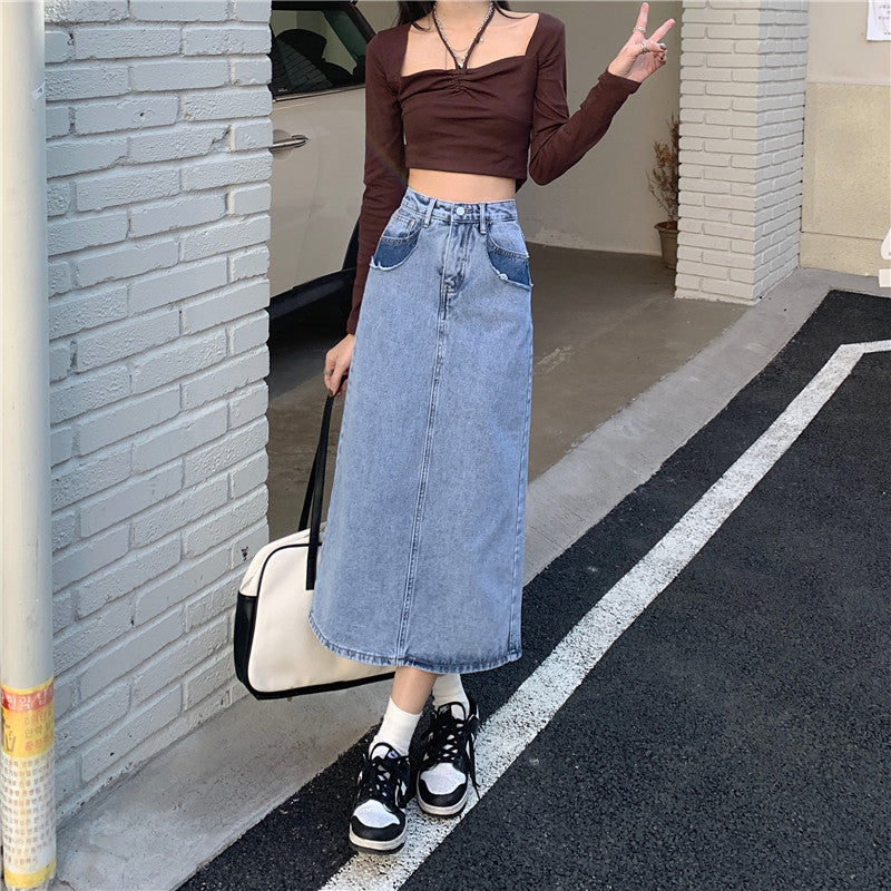Kvinders Maxi Denim Skirt med Høj Talje og Side Split Stilla