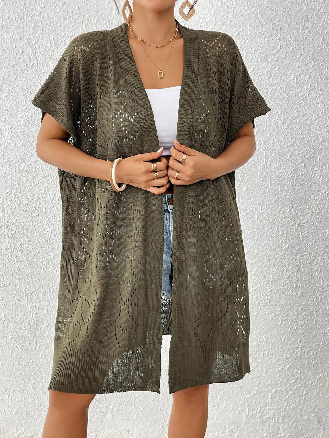 Dame luftig strikket kimono med blomster mønster Skovae