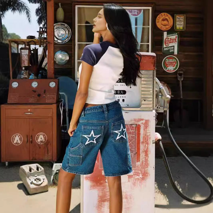 Dame modische Denim-shorts i afslappet snit med høj talje Skovae