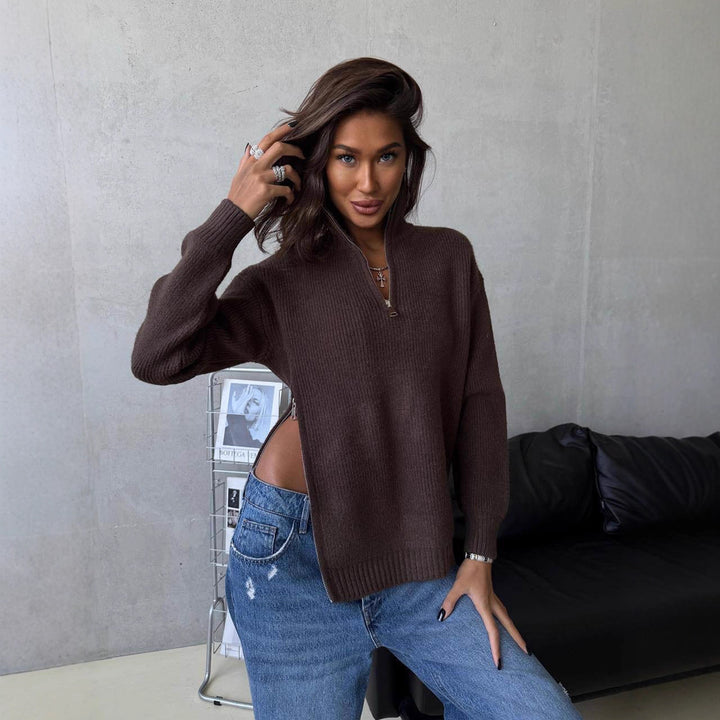 Dame trendy zip sweater med sideslæg og høj krave Stilla