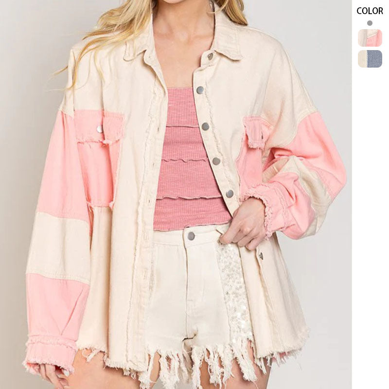 Dame oversized denimjakke med unikke farveblokke og frynser Skovae