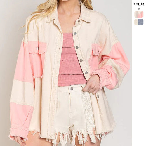 Dame oversized denimjakke med unikke farveblokke og frynser Skovae