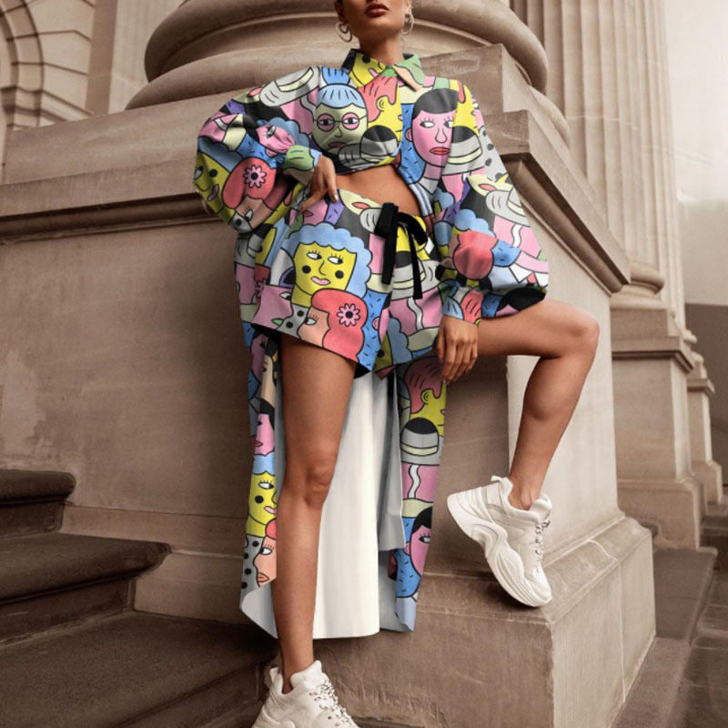 Dame Ternet Oversized-Skjortejakke med fashionabelt Print og Shorts Stilla
