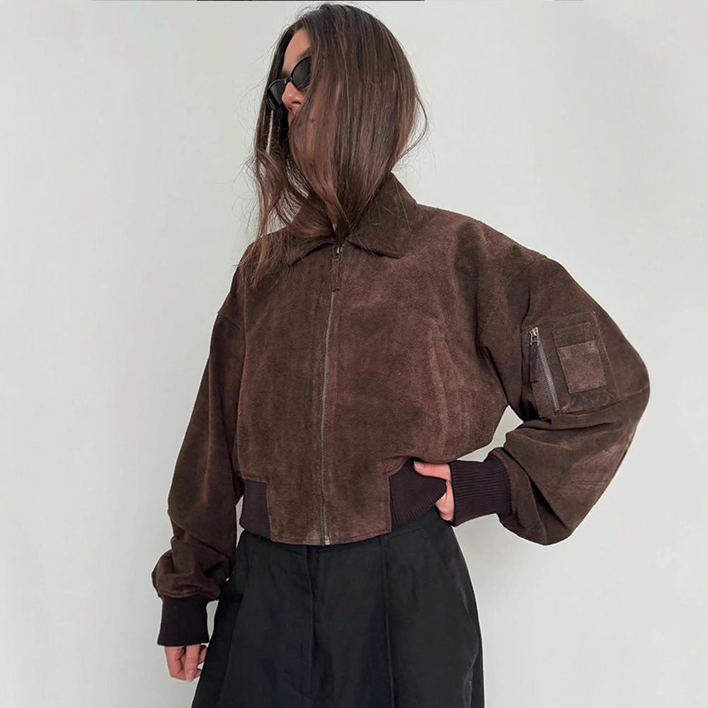 Dame Oversized Suede Jakke med Polstrede Ærmer Stilla