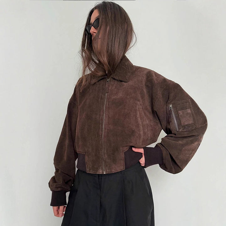 Dame Oversized Suede Jakke med Polstrede Ærmer Stilla