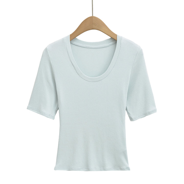 Dame Kortærmet T-shirt med dyb rundhalsudskæring og elastisk rib-materiale Stilla