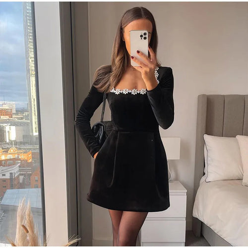 Dame Elegant Velvet Kjole med Funklende Udhulning Stilla