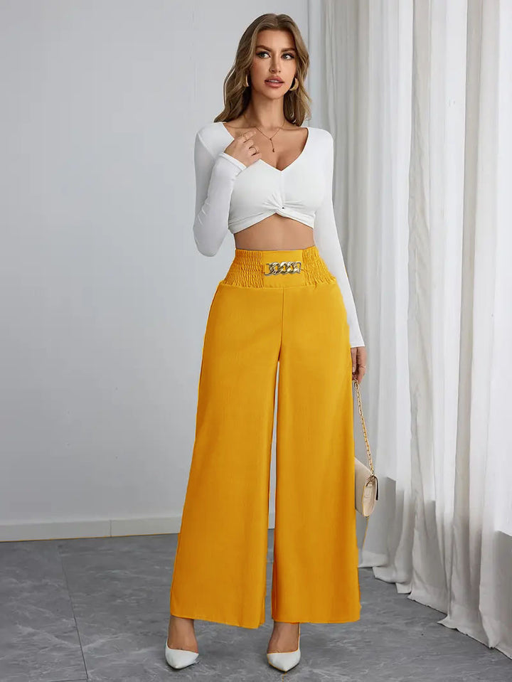 Dame elegant Palazzo-bukser med flettet bånd og guldsats Stilla