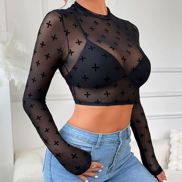 Dame Langærmet Crop-Top med gennemsigtig netdesign og dekorative applikationer Stilla