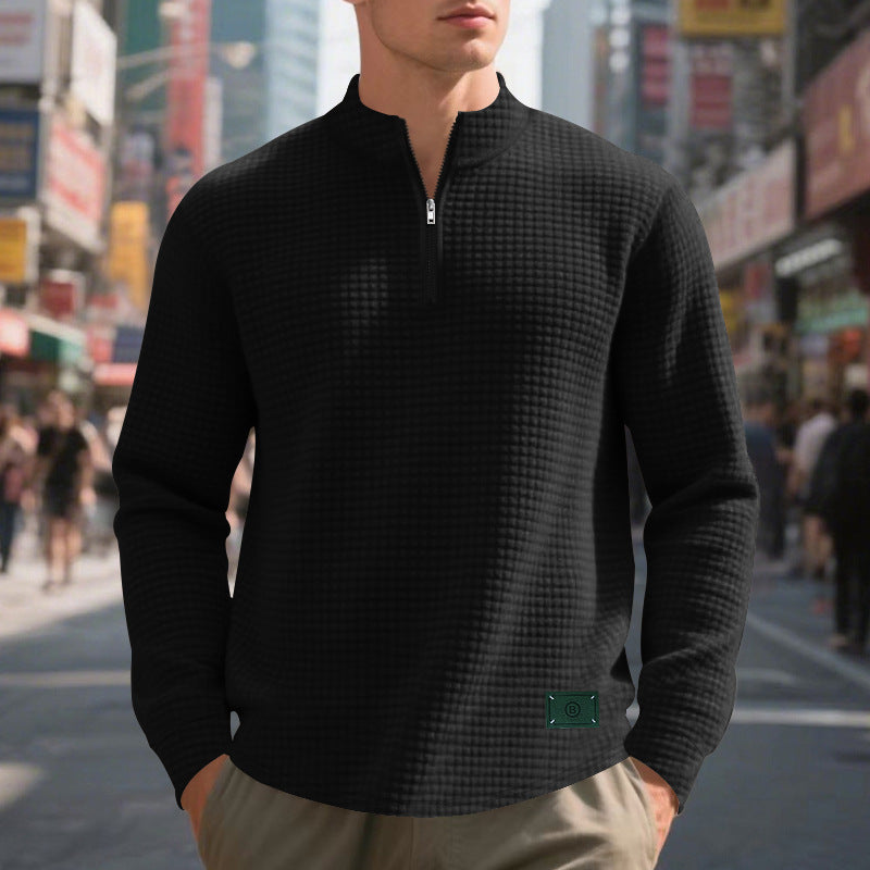 Herren nan lette vaffelstrik pullover med kort krave lynlås og rundet kant Skovae