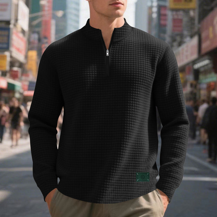 Herren nan lette vaffelstrik pullover med kort krave lynlås og rundet kant Skovae