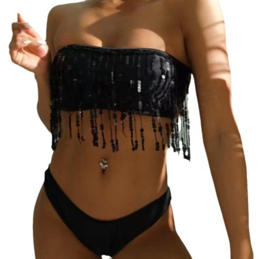 Dame bandeau bikini med glitrende frynser Skovae