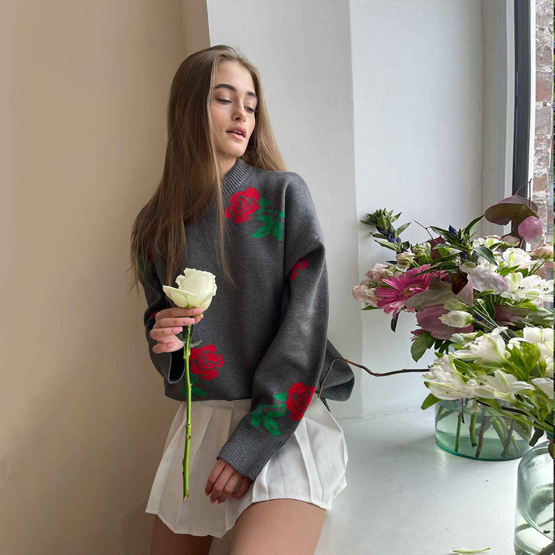 Kvindernes mønstrede strikkede sweater med blomstermotiv og løs pasform Stilla