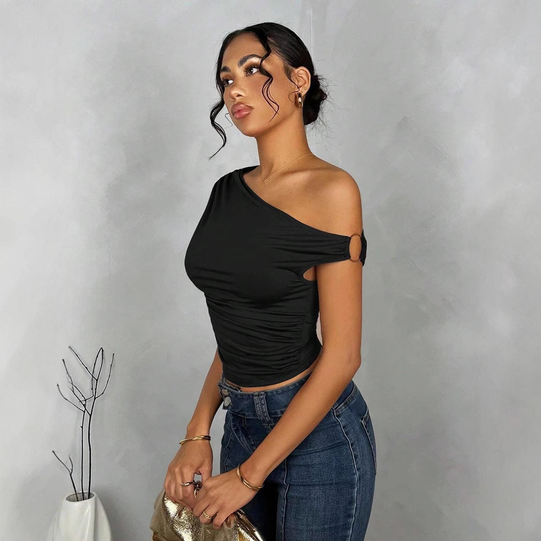 Dame Asymmetrisk Crop-Top med elegant bølgedesign og raffineret snit Skovae