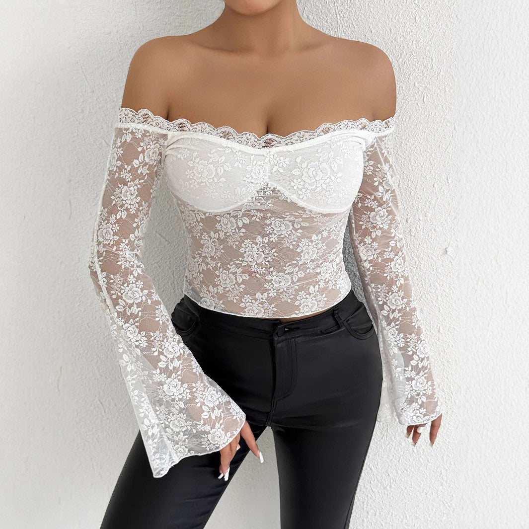 Dame blonde top med off-shoulder design og elegante trumpetærmer Skovae