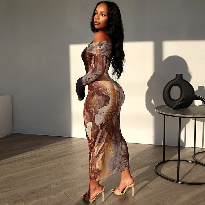 Kvinder Off-Shoulder abstrakt Midi Kjole Stilla