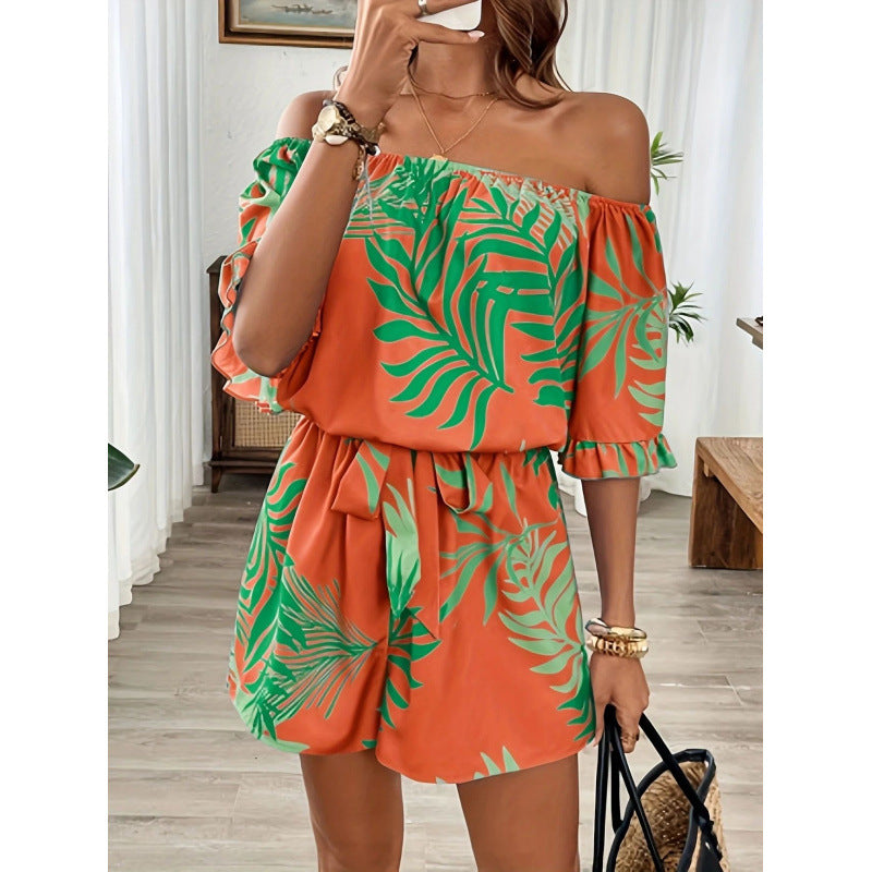 Damer Off-Shoulder Jumpsuit med blomsterdesign og elastisk bånd Skovae
