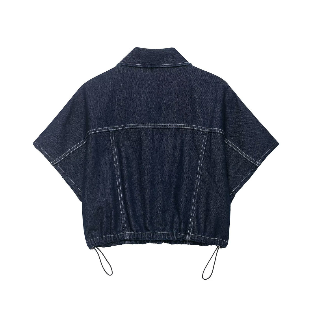 Dame Oversize Denim-Bluse med praktiske lommer og elastisk bund Skovae