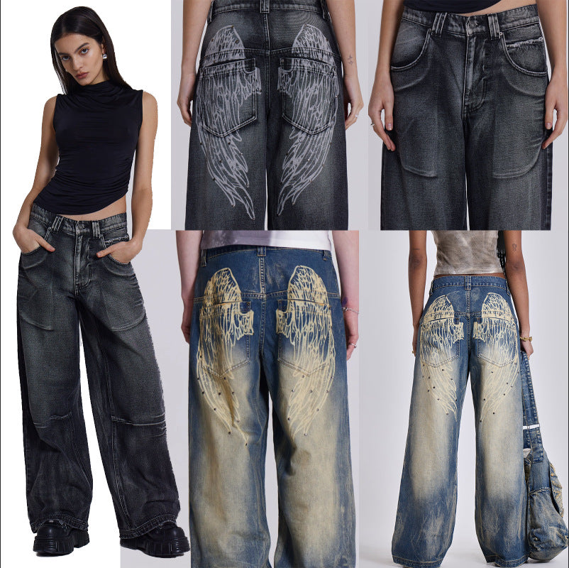Dame brede jeans med kunstnerisk vinge-design og unikke detaljer Skovae