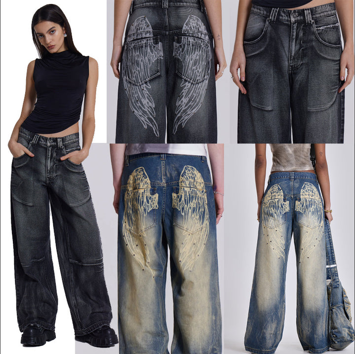 Dame brede jeans med kunstnerisk vinge-design og unikke detaljer Skovae