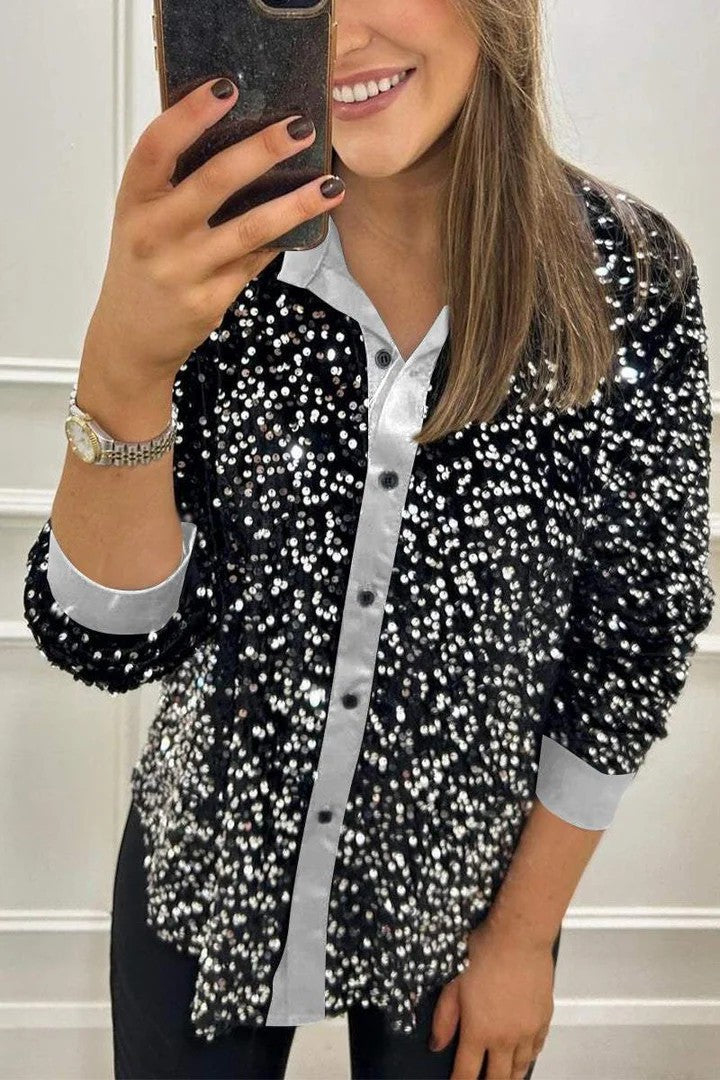 Kvindernes Funklende Paillet Bluse med Klassisk Krave Stilla