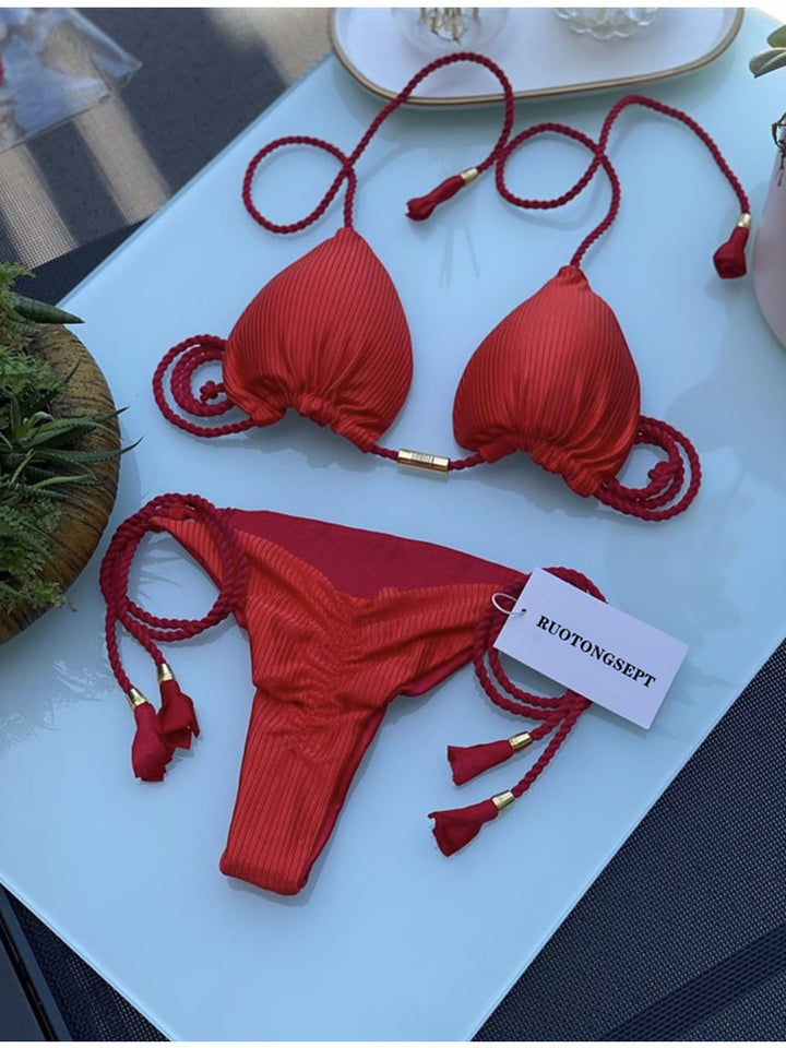 Dame triangel-bikini med moderne leopardmønster og dekorative frynser Skovae