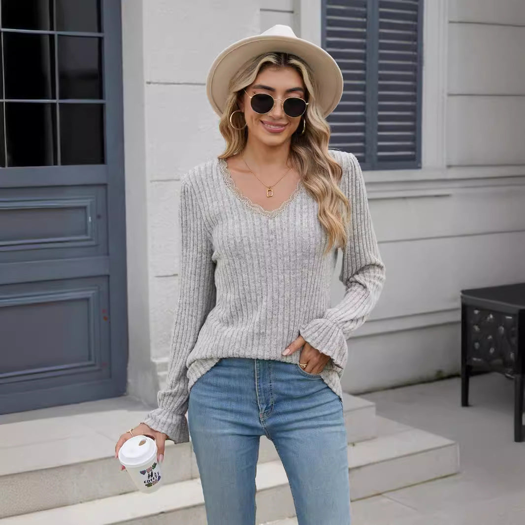 Dame elegant V-hals bluse med fin ribstruktur Stilla