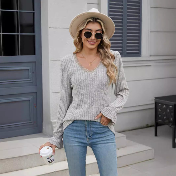 Dame elegant V-hals bluse med fin ribstruktur Stilla