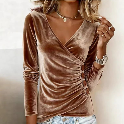 KVinders fashionable velour bluse med indpakningseffekt og knapdetaljer Stilla