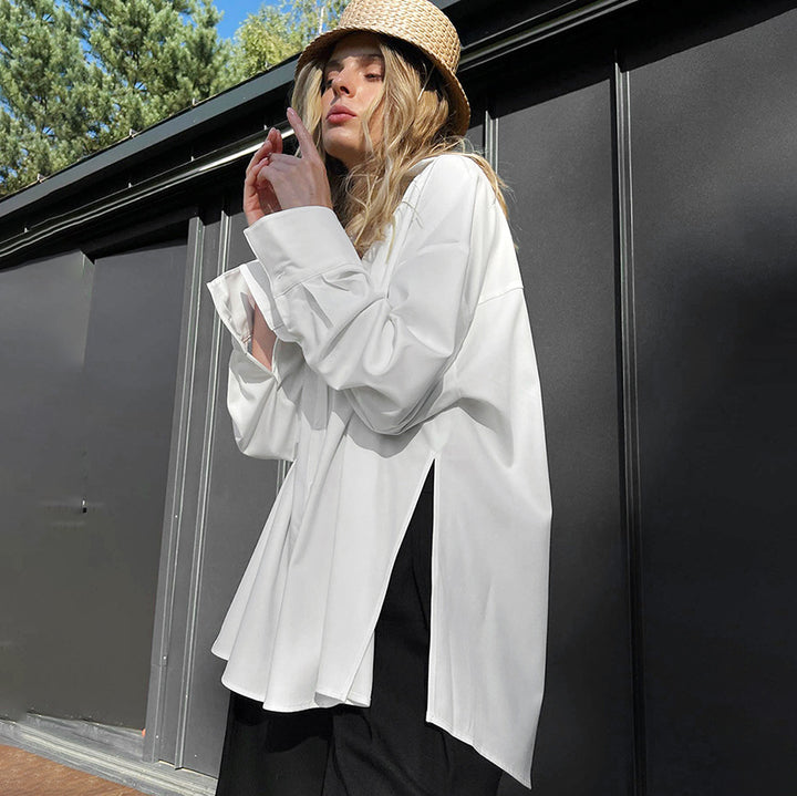 Damer Elegant Oversized Bluse med dyb V-Udskæring og lange Ærmer Stilla