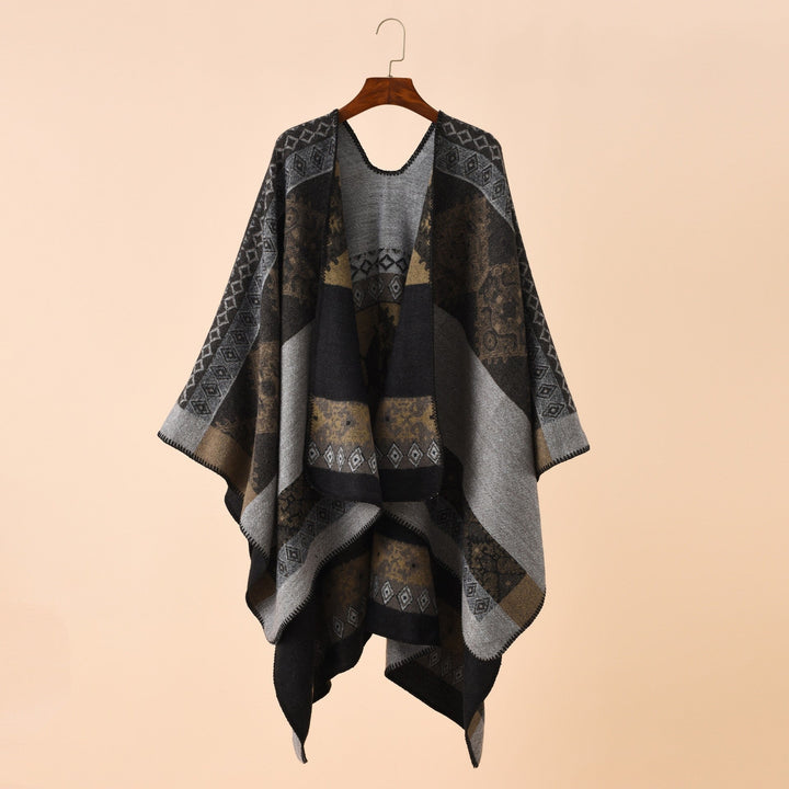 Dame Mode Poncho med Kunstnerisk Mønster og Frynset Kanter Skovae