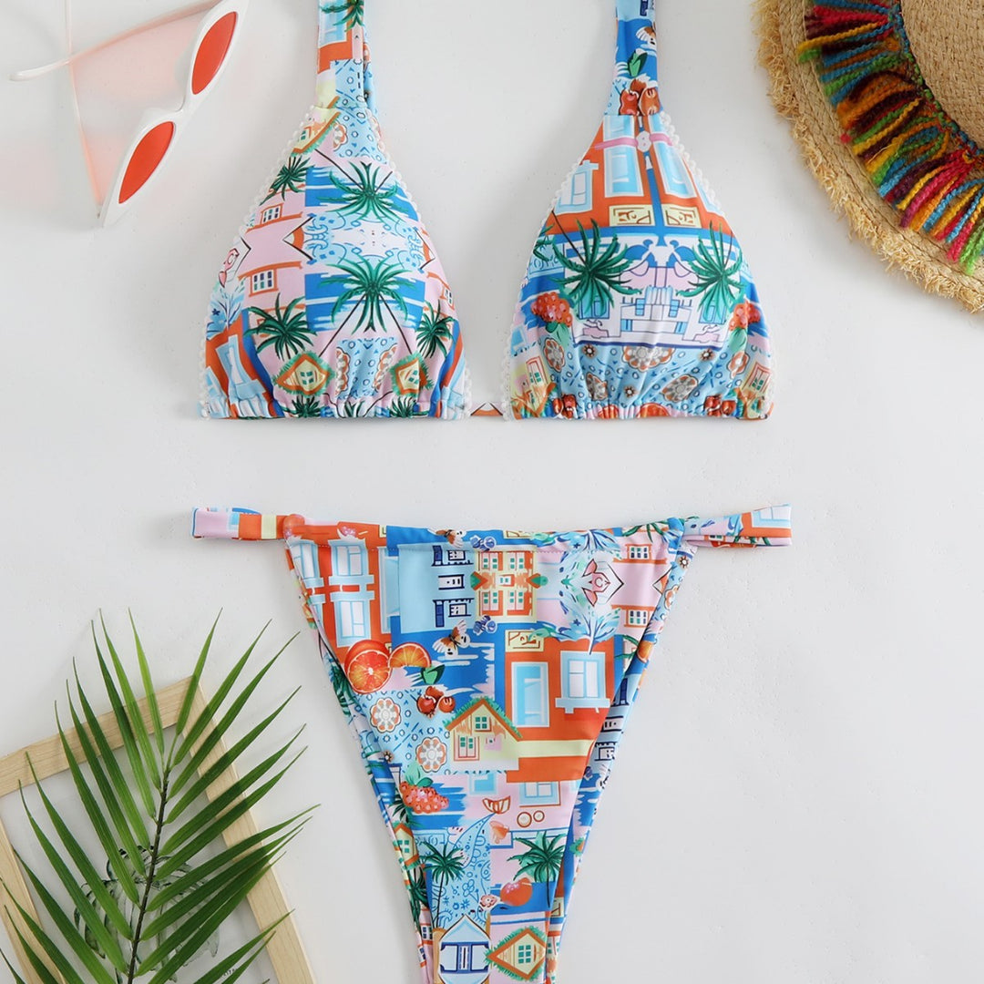 Dame Bikini-sæt med glad bymotiv og højskåret trusse Skovae