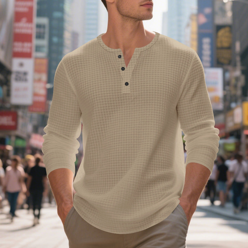Herrer langærmet Henley-shirt med struktureret vaffelmønster Stilla