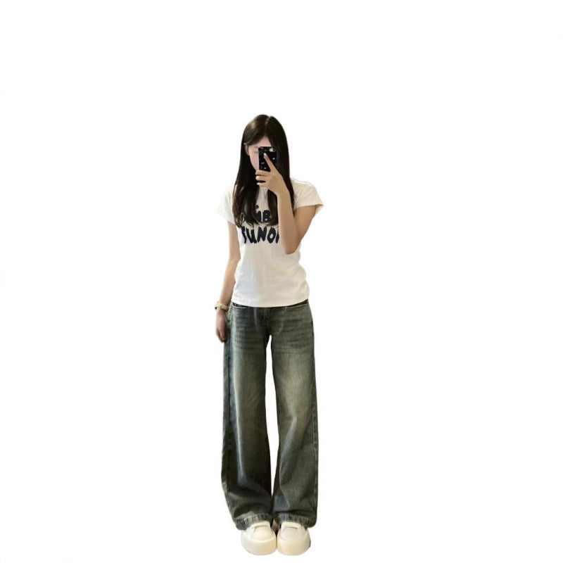 Femme Casual Fit Grafik T-shirt og Loose-Leg Denim Bukser Stilla