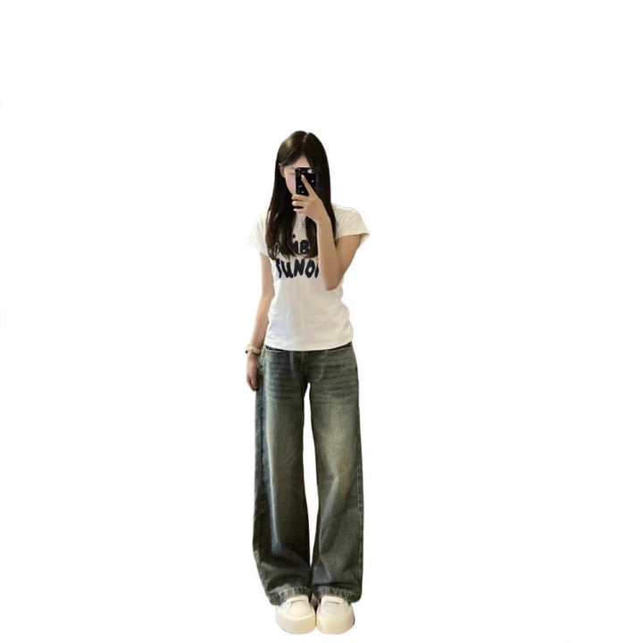 Femme Casual Fit Grafik T-shirt og Loose-Leg Denim Bukser Stilla
