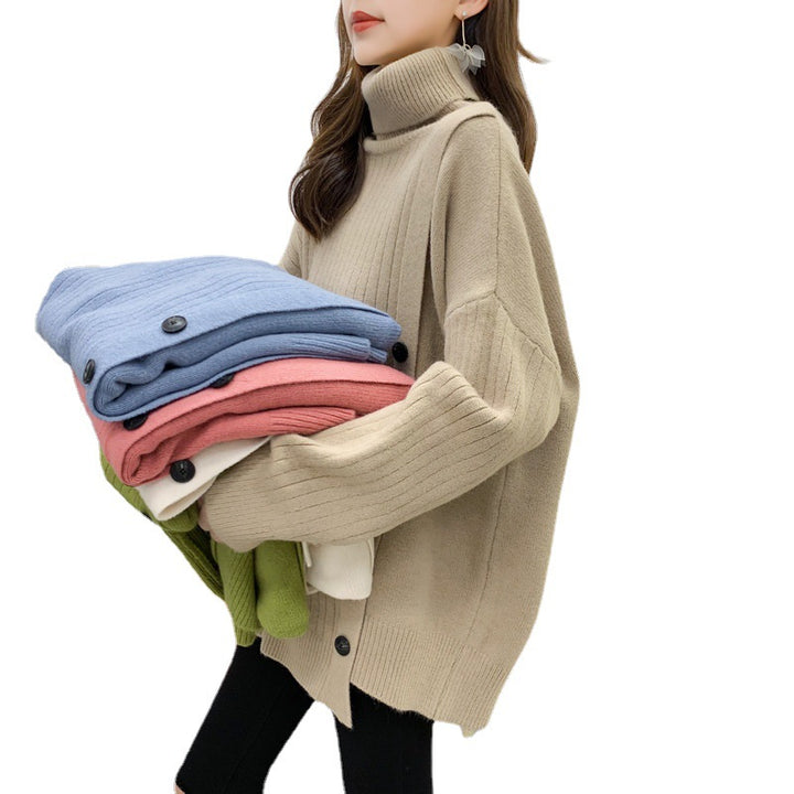 Kvinder Elegant Turtleneck Sweater med Knap Placket Stilla