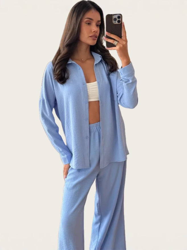 Dame komfortabel Loungewear-sæt med langærmet bluse og brede bukser Stilla