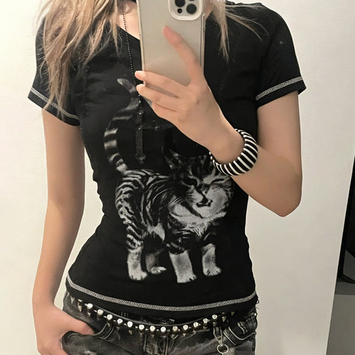 Dame T-shirt med kreativ kattemotiv Skovae