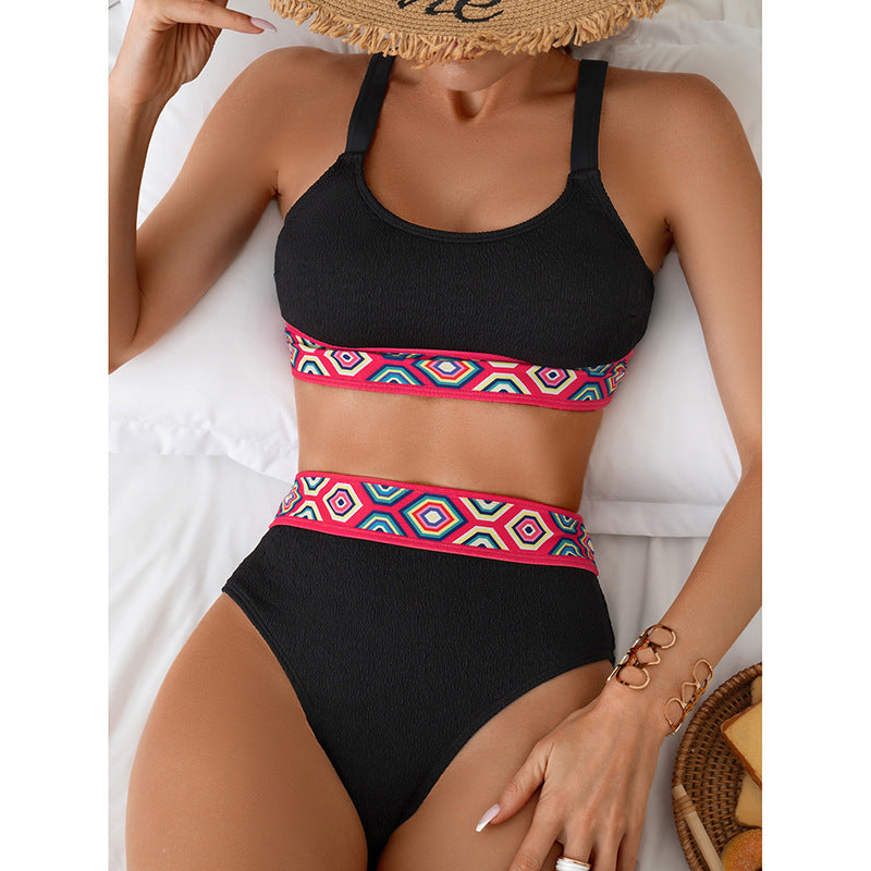 Dame Sporty højtaljede bikini med farverig elastisk bund Skovae