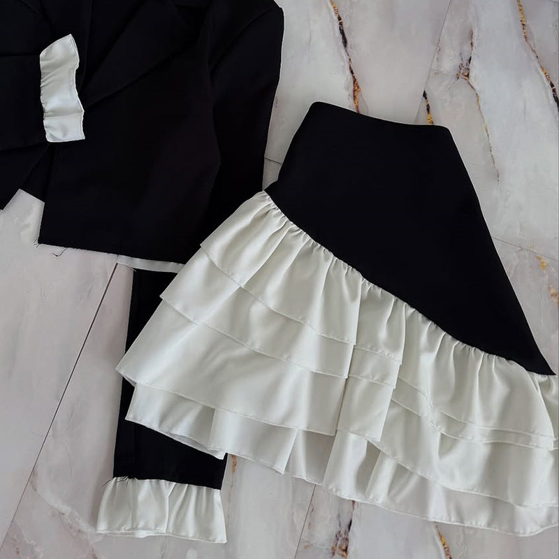 Dame elegant cropped blazer med flæse nederdel Stilla