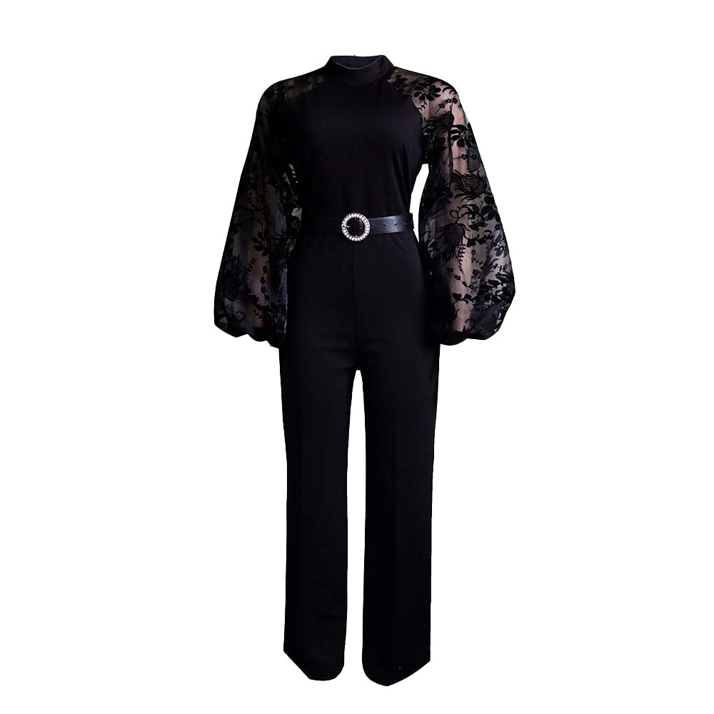 Dame elegant jumpsuit med voluminøse tylærmer og figursyet snit Stilla