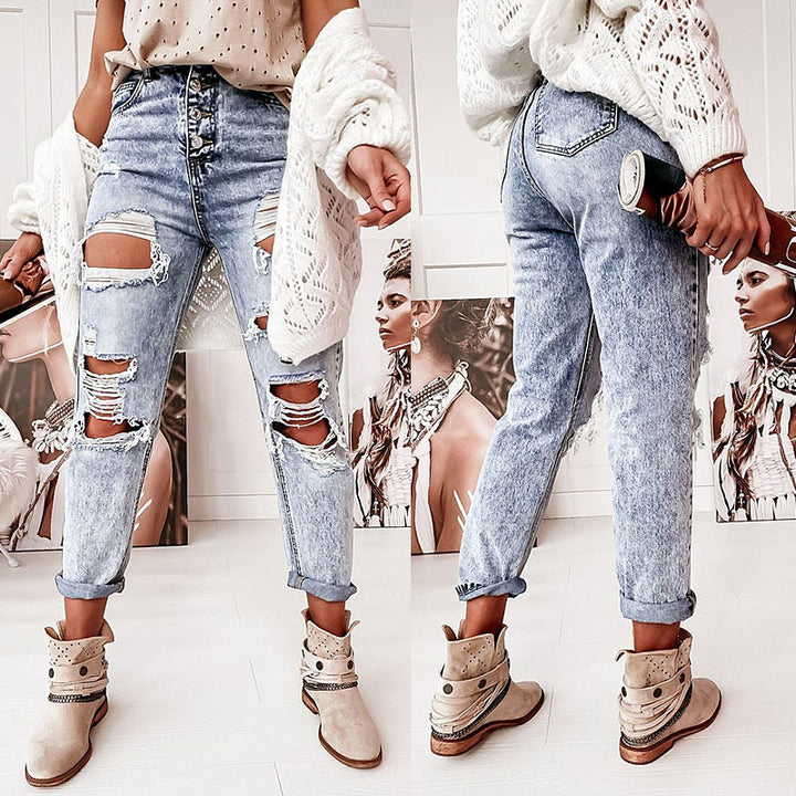 Dame Boyfriend-jeans med ødelagte detaljer og høj komfortlinning Stilla