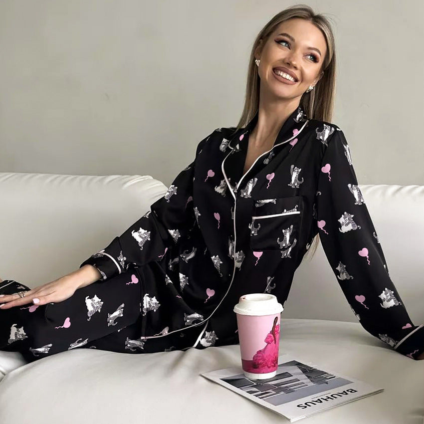 Dame Pyjama-sæt med legende dyreprint og kontrasterende paspels Stilla